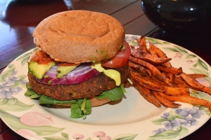 Eggplant Burgers with Baked Sweet Potato Fries